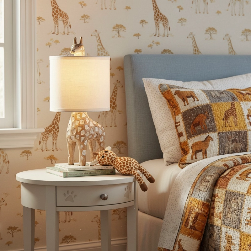 Giraffe table lamp shown as a decorative bedside accent