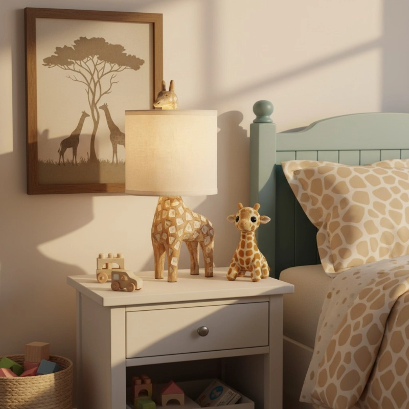 Whitewashed rustic giraffe lamp base and shade detail