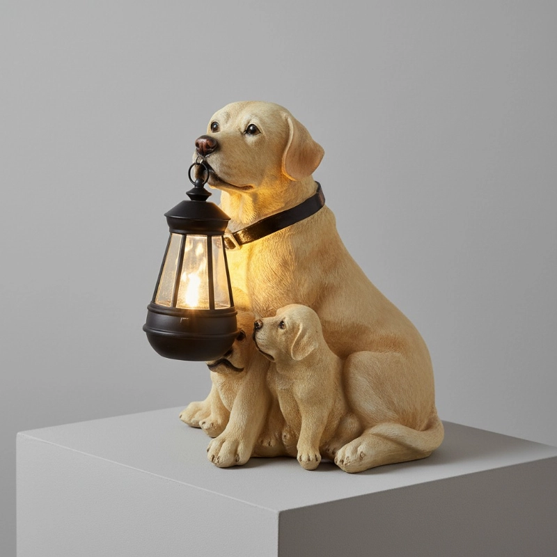 Resin dog garden decoration holding a solar lantern