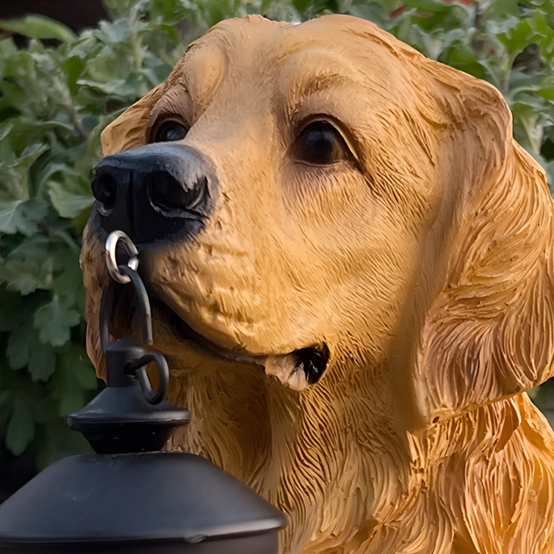Warm white solar lantern garden dog decoration in an outdoor setting