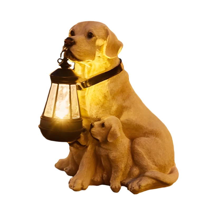 Golden Retriever mother and child resin solar lantern outdoor light