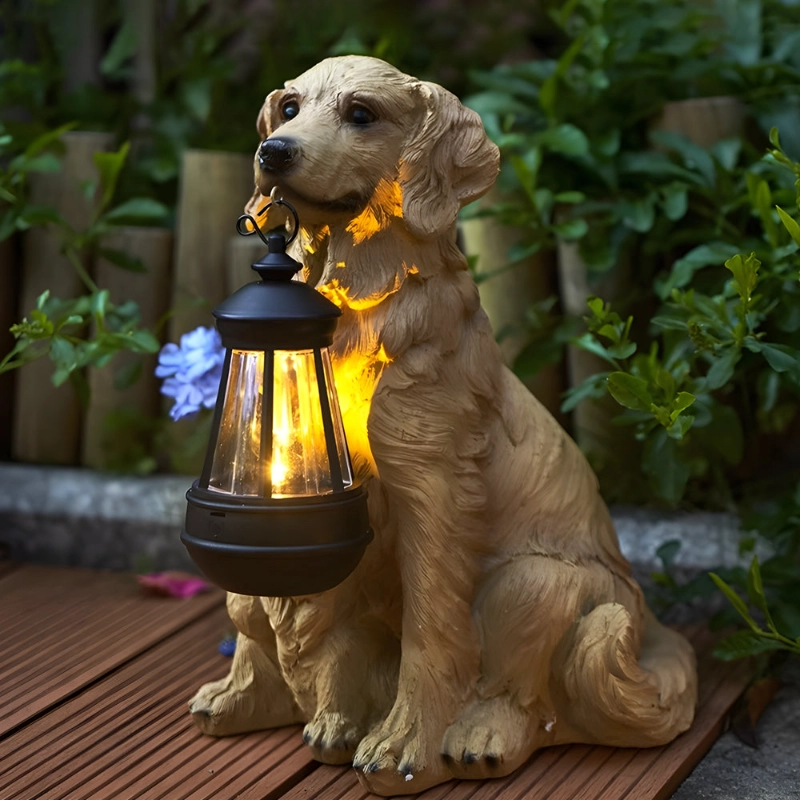 Resin dog with warm white lantern outdoor decor view