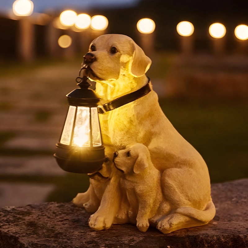 Solar powered resin dog lantern for garden and lawn