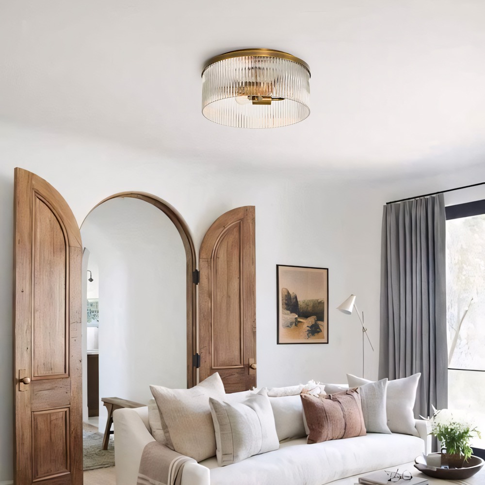 Lindsay Modern Luxury Metal Ribbed Glass Drum Flush Mount Ceiling Light