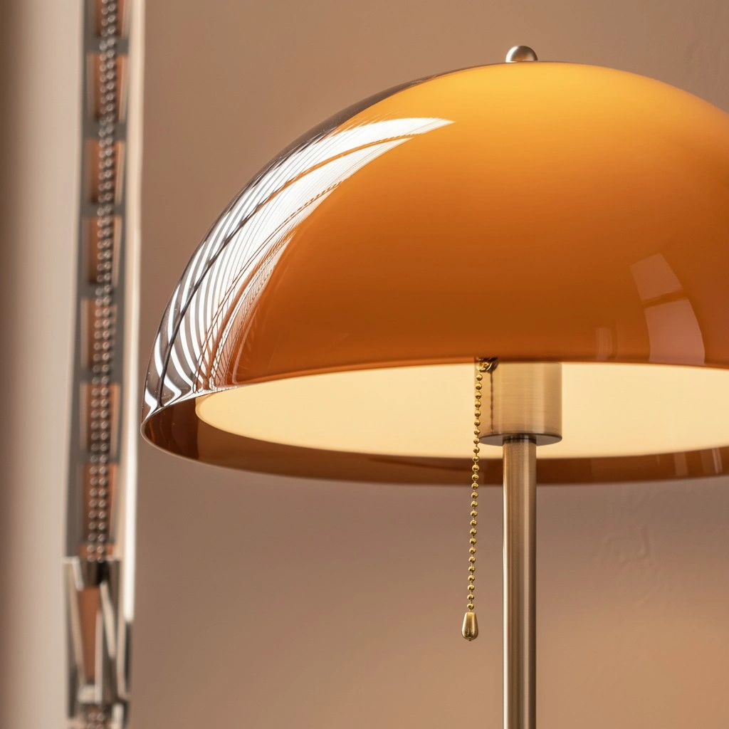 Glossy acrylic shade underside with pull chain and metal stem
