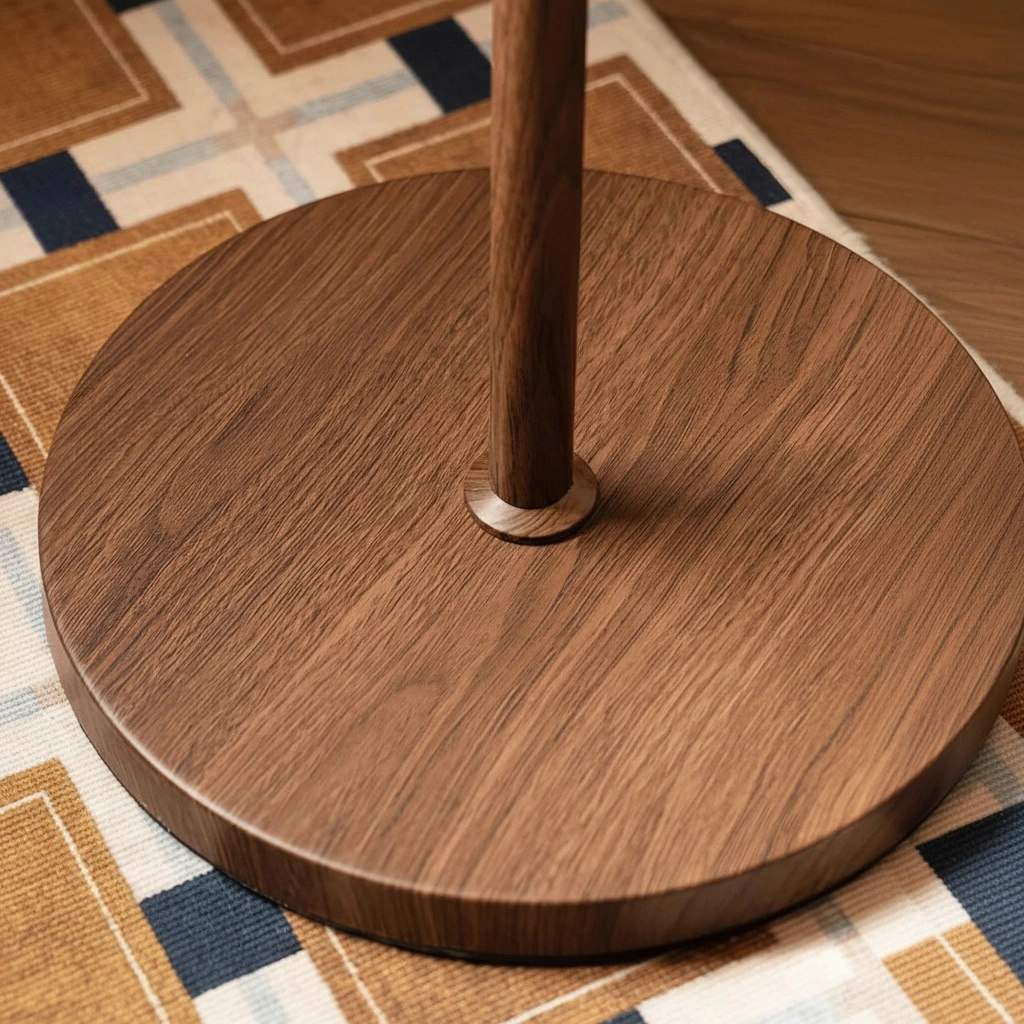 Round base and pole connection detail on the Rustina floor lamp