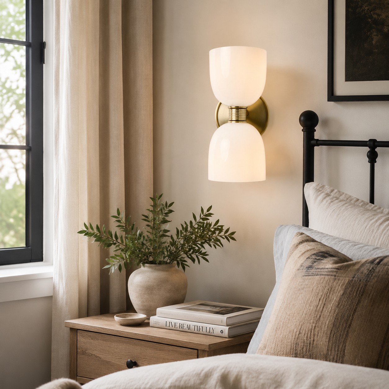 Ellen brass and glass wall sconce styling view