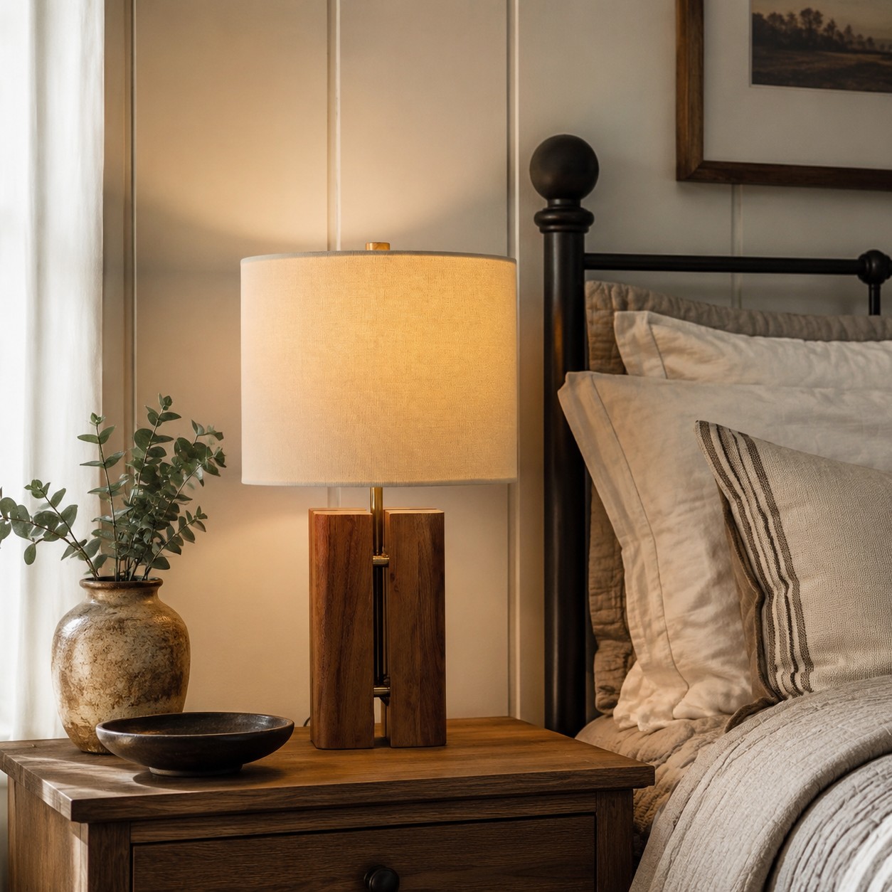 Bergonzoni table light showing linen shade and acacia wood body