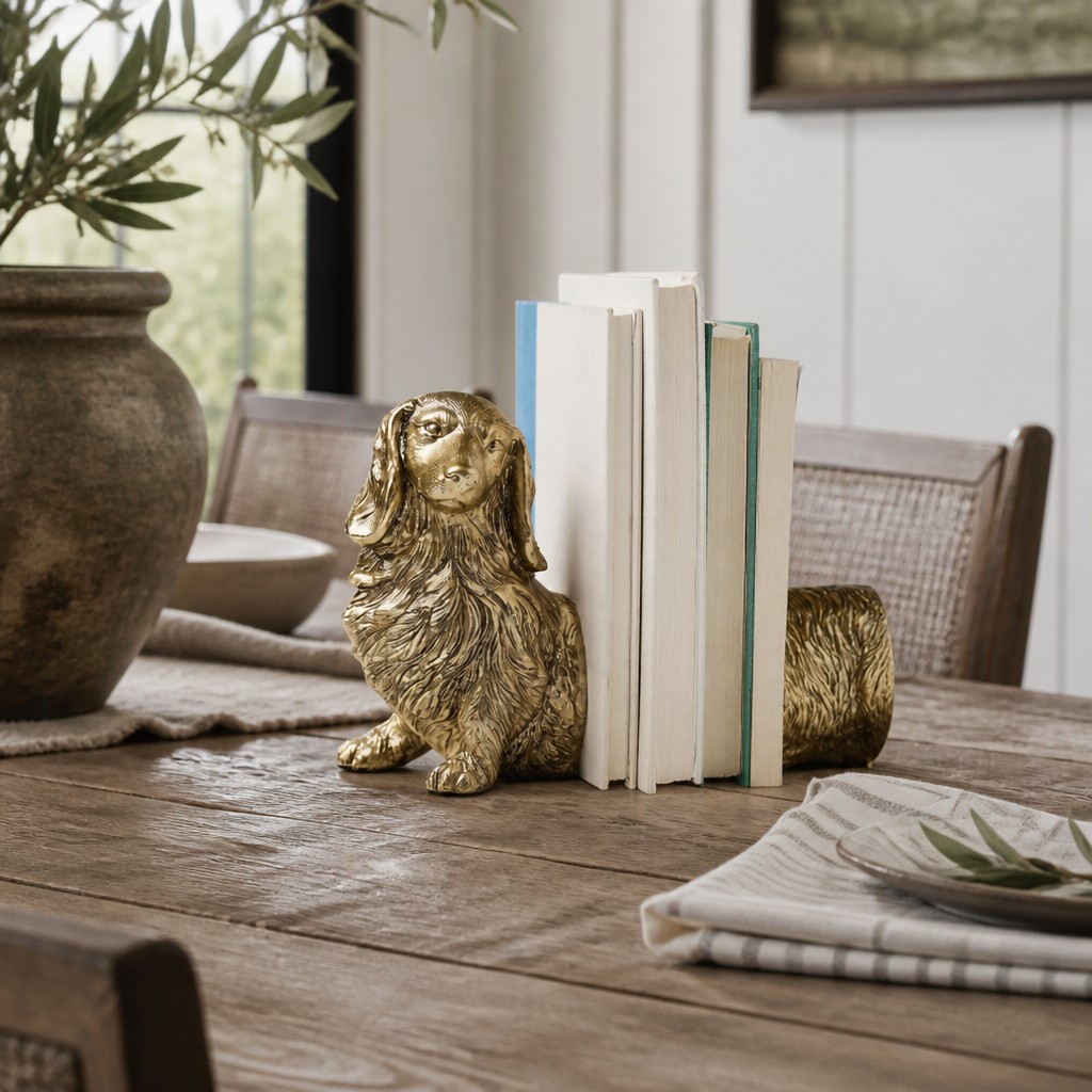 Carlos gold dachshund bookends arranged with books