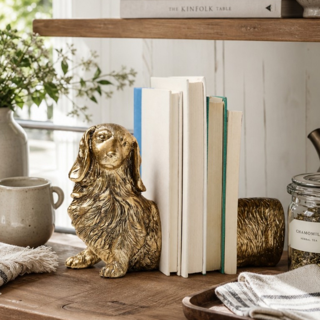 Gold resin dachshund bookend side view