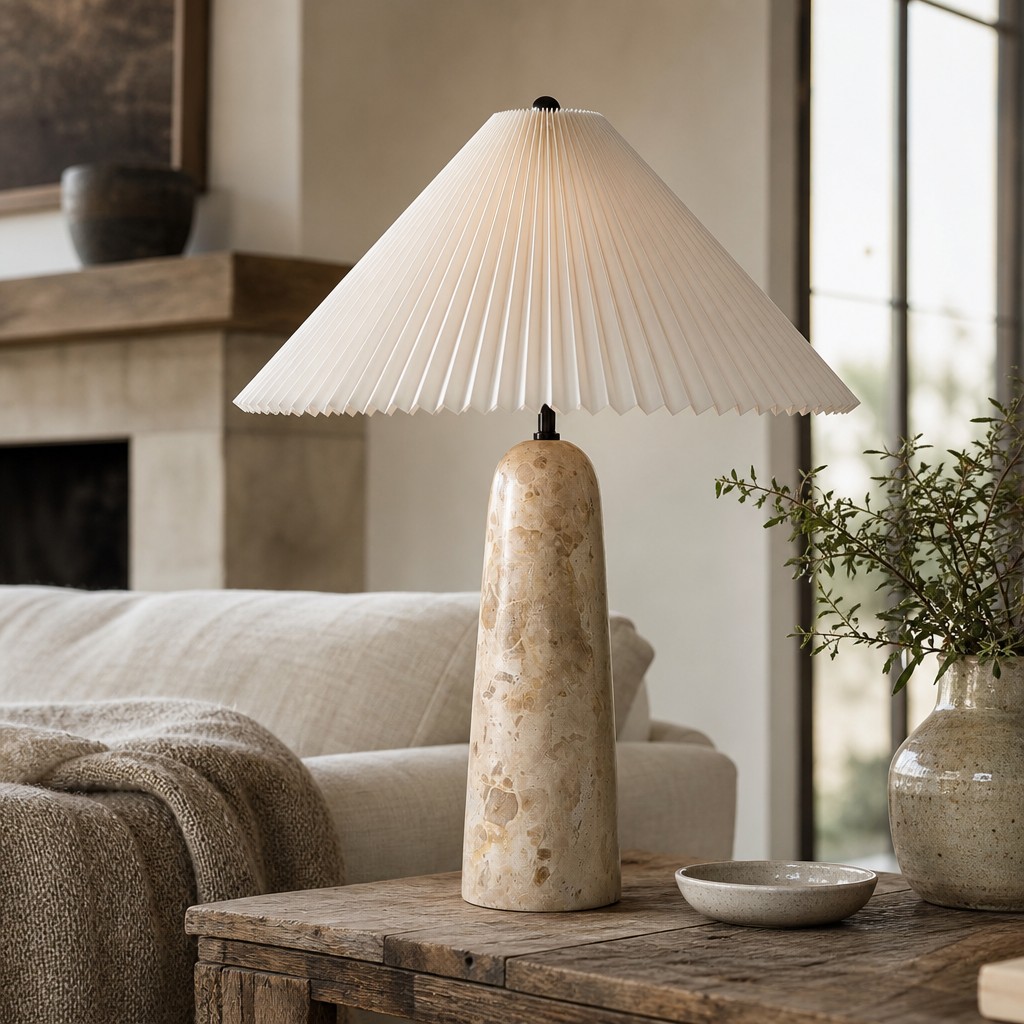 Kindle stone and fabric table light on a bedside surface