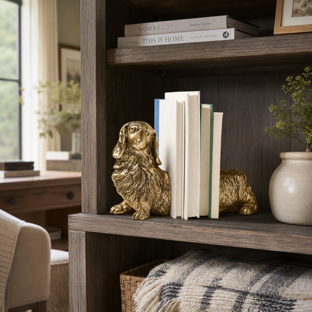 Close detail of gold resin dachshund bookend surface