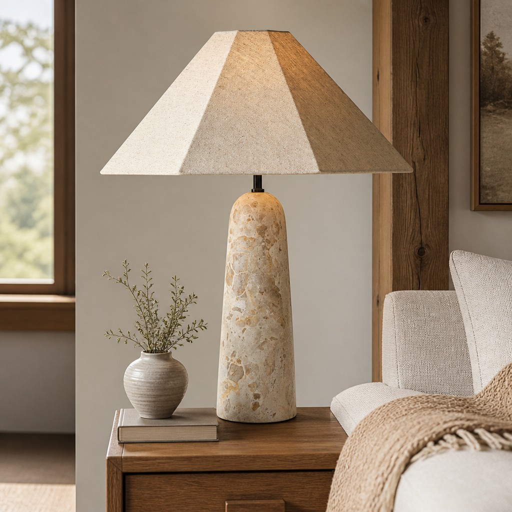 Close view of Kindle table lamp shade and stone base