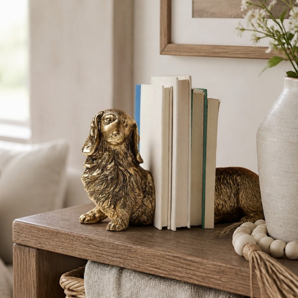 Carlos dachshund bookend displayed as decorative shelf accent