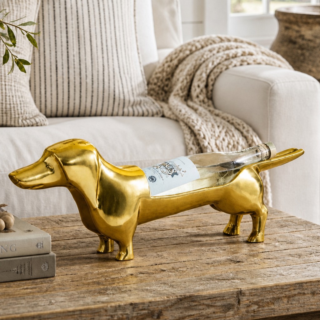 Gold dachshund wine holder angled product view