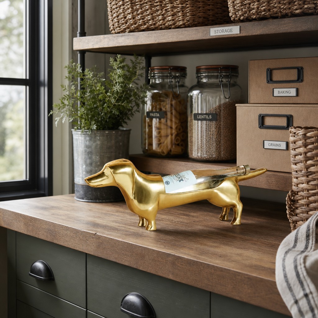 Gold dachshund wine holder close view