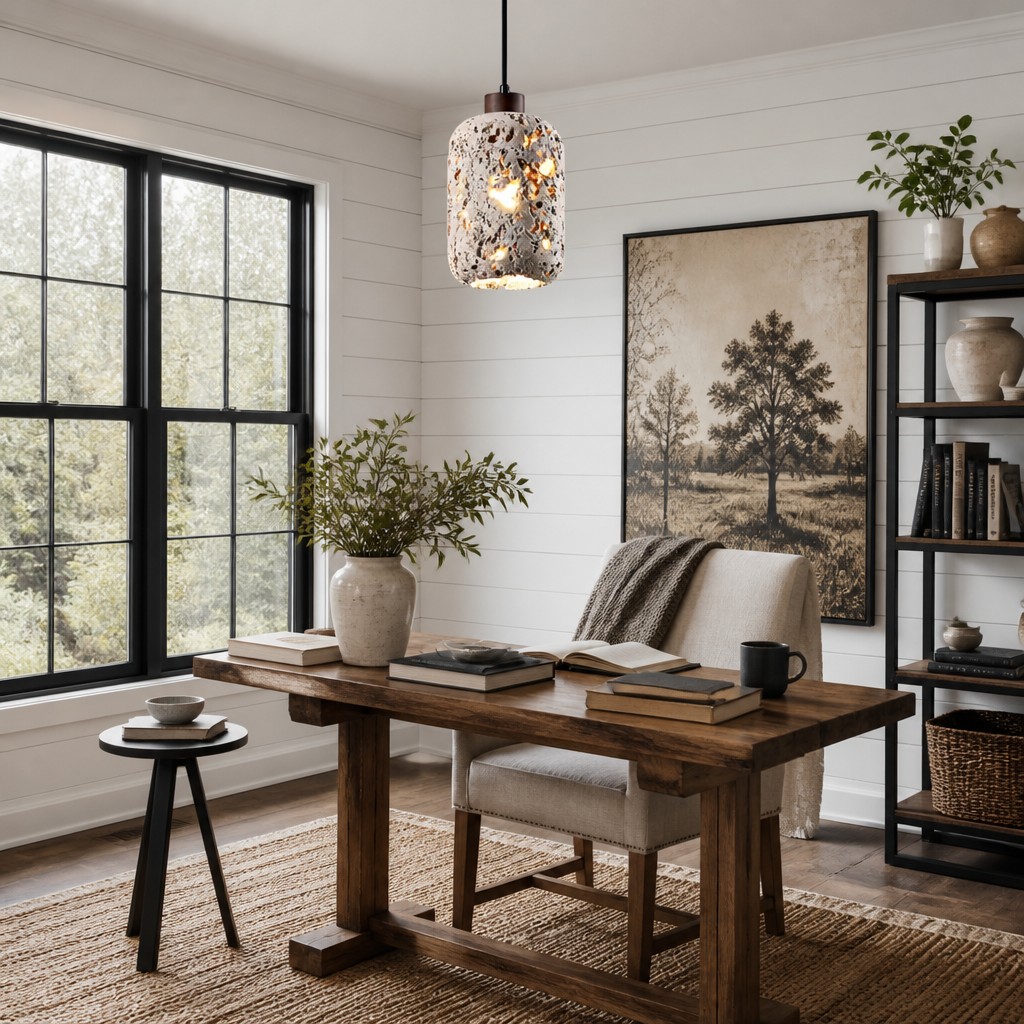Vertical product view of the Karan travertine pendant light