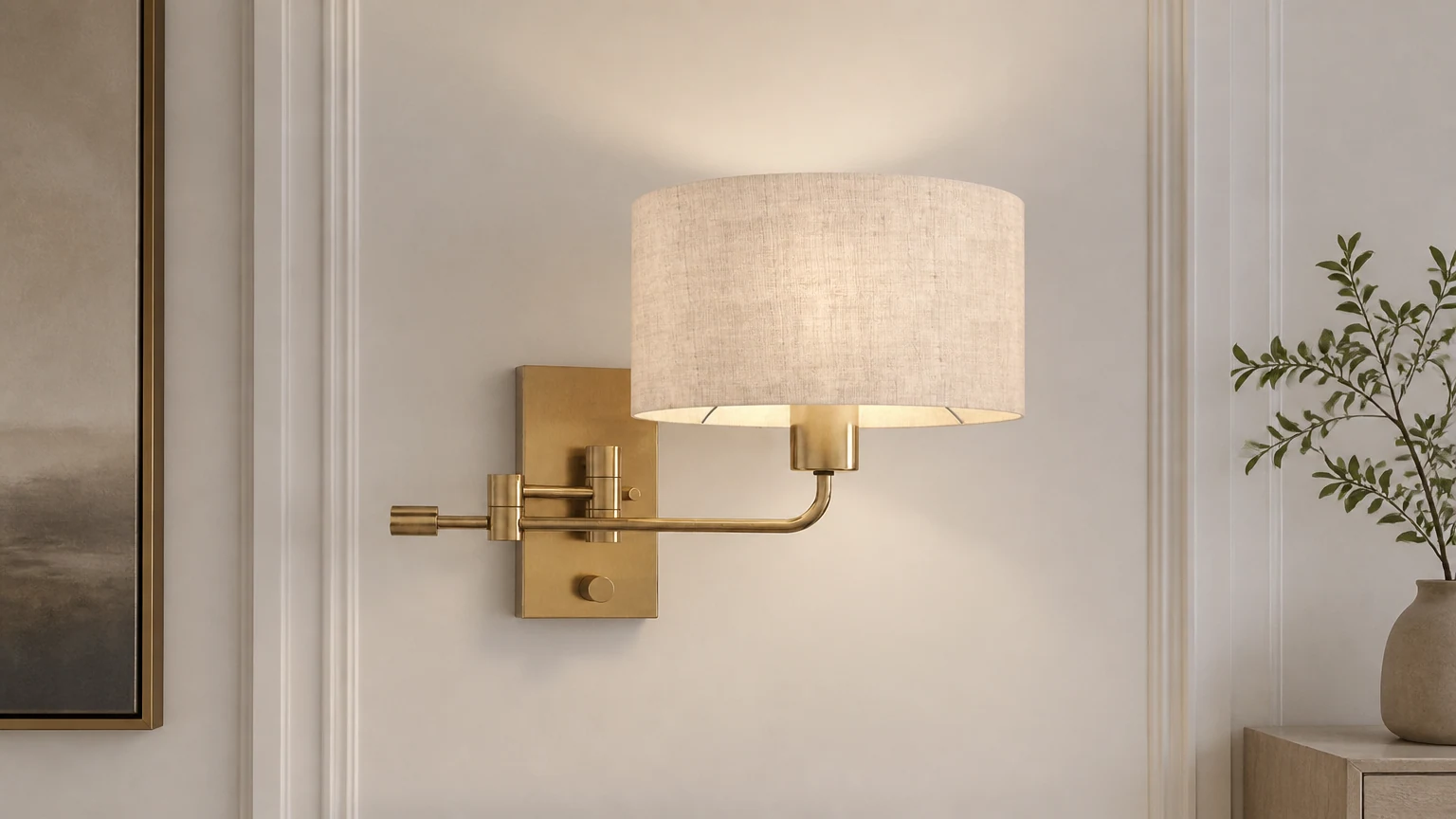 Taliad brass swing arm wall lamp installed in a warm room scene