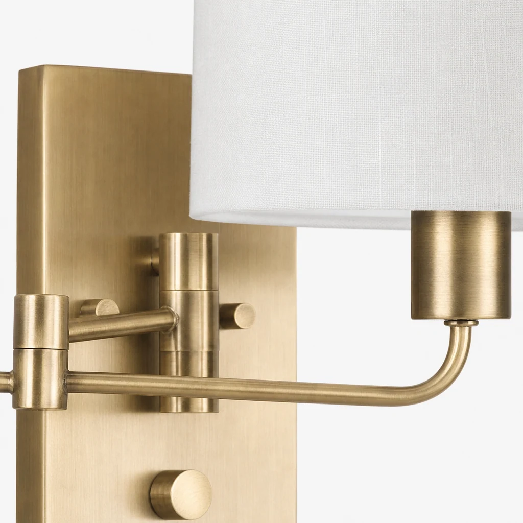 Close detail of Taliad linen shade and gold finish hardware
