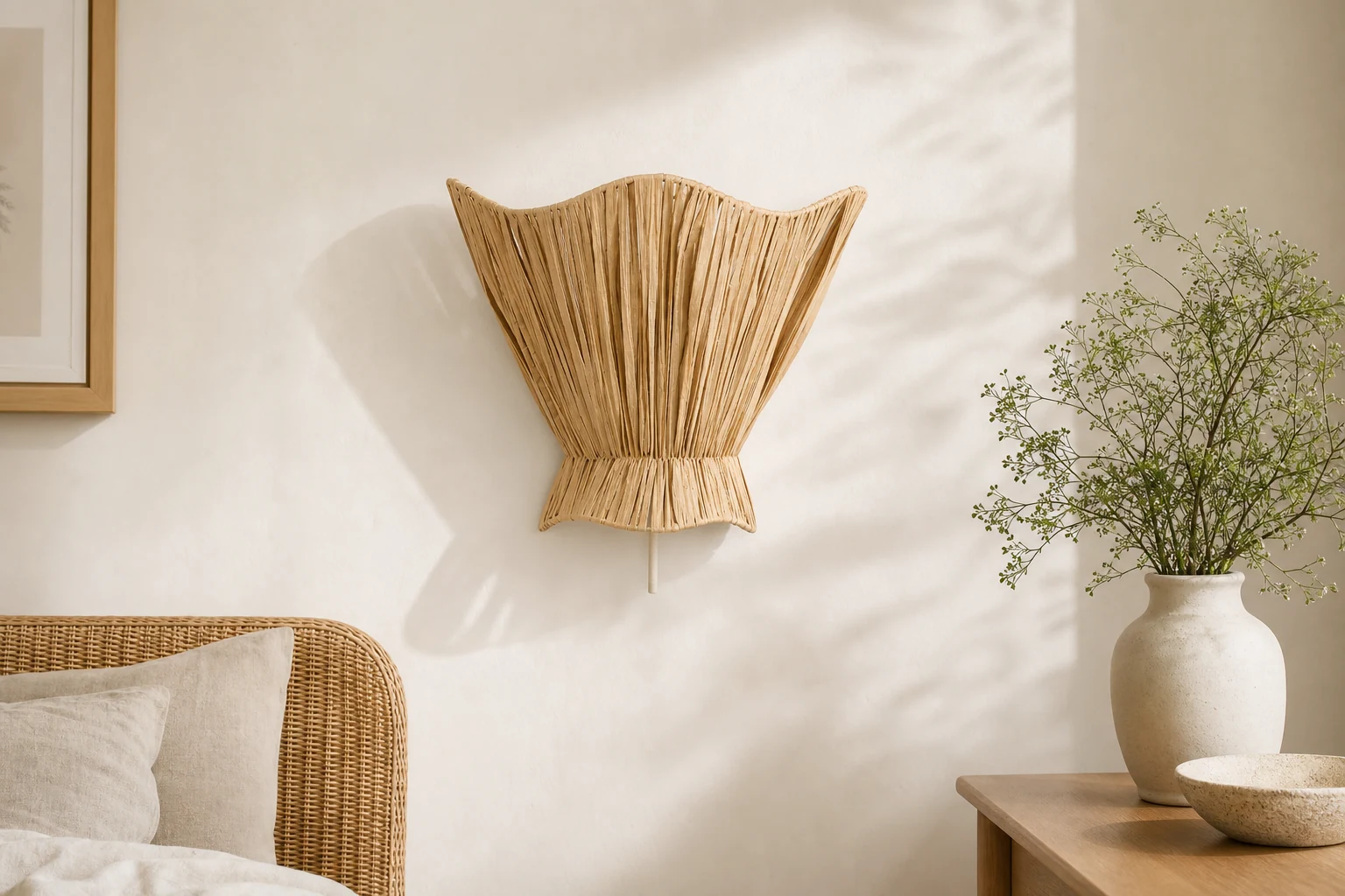 Ellara scalloped raffia wall light in a lifestyle room scene