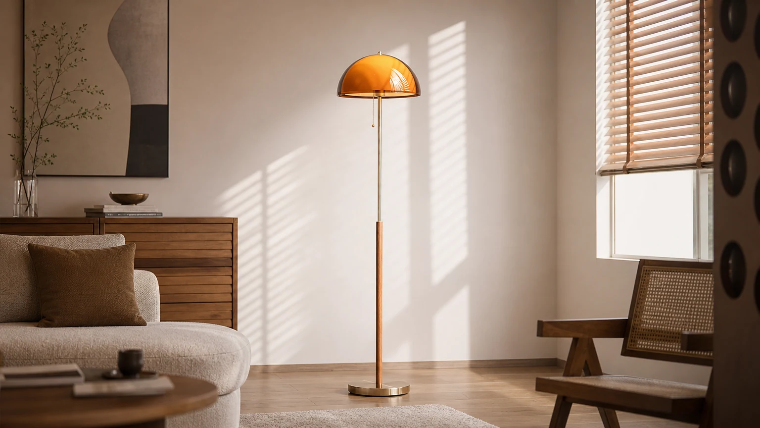 Rustina amber mushroom floor lamp in a warm interior scene