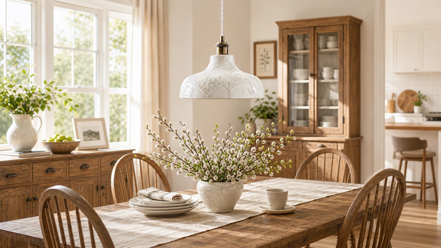 Laurel Pussywillow white textured cement pendant light in a bright interior scene