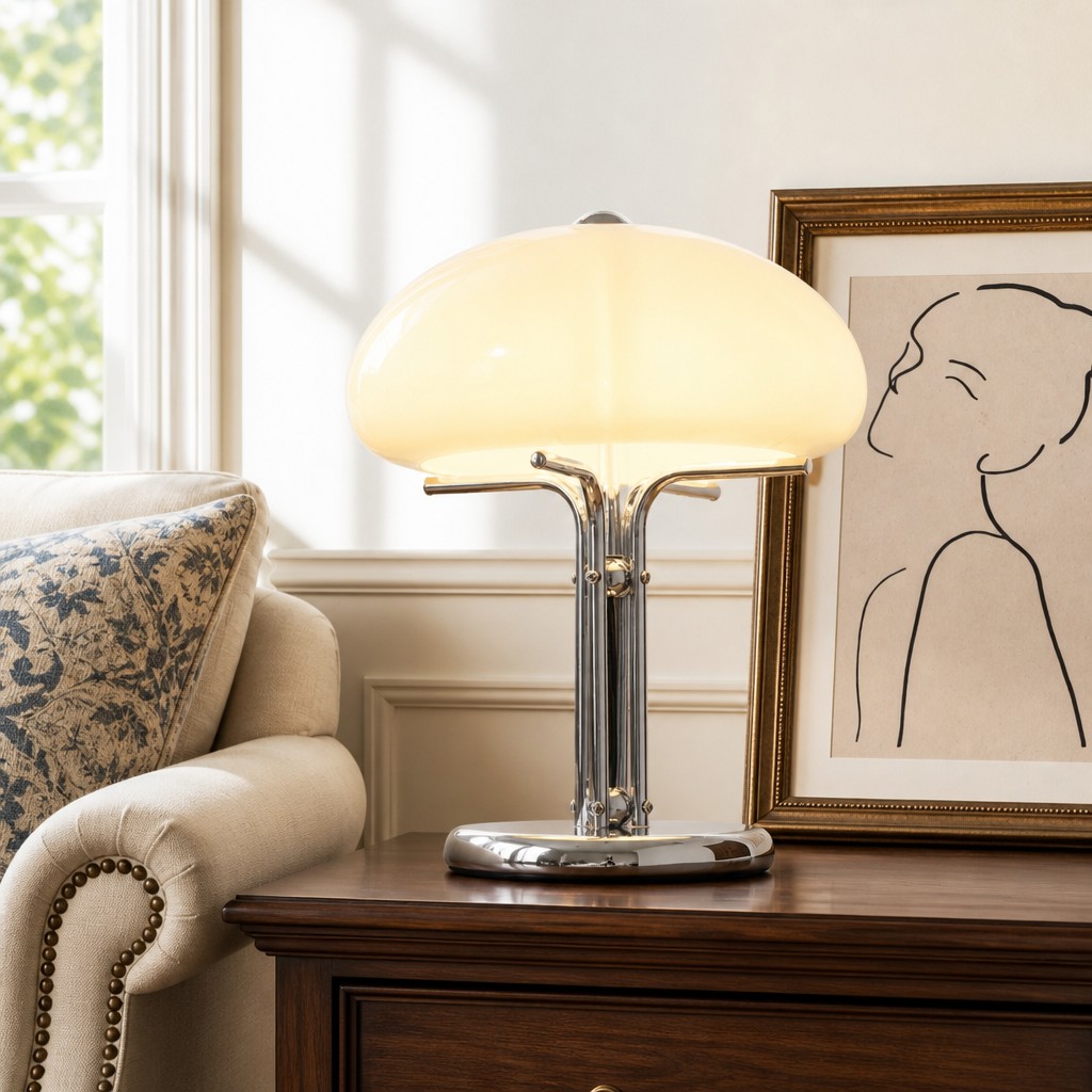 Cream Hector lamp beside chair and framed artwork