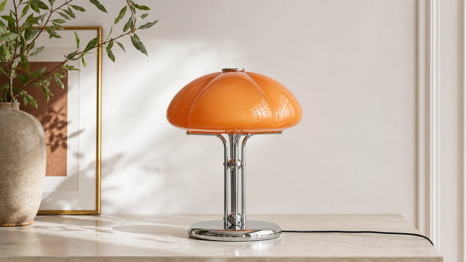 Horizontal hero scene of Hector caramel glass lamp in an interior