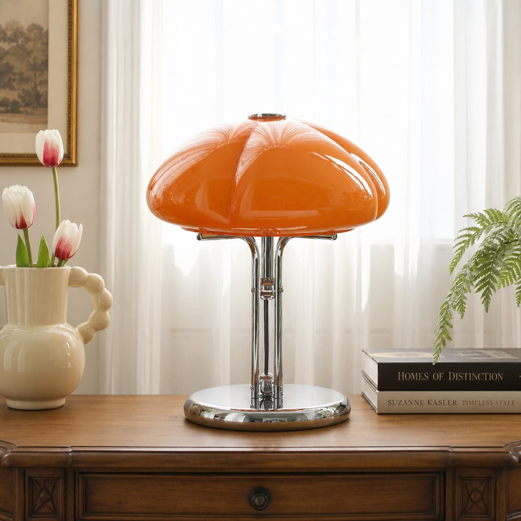Orange Hector table lamp on console with books and plants