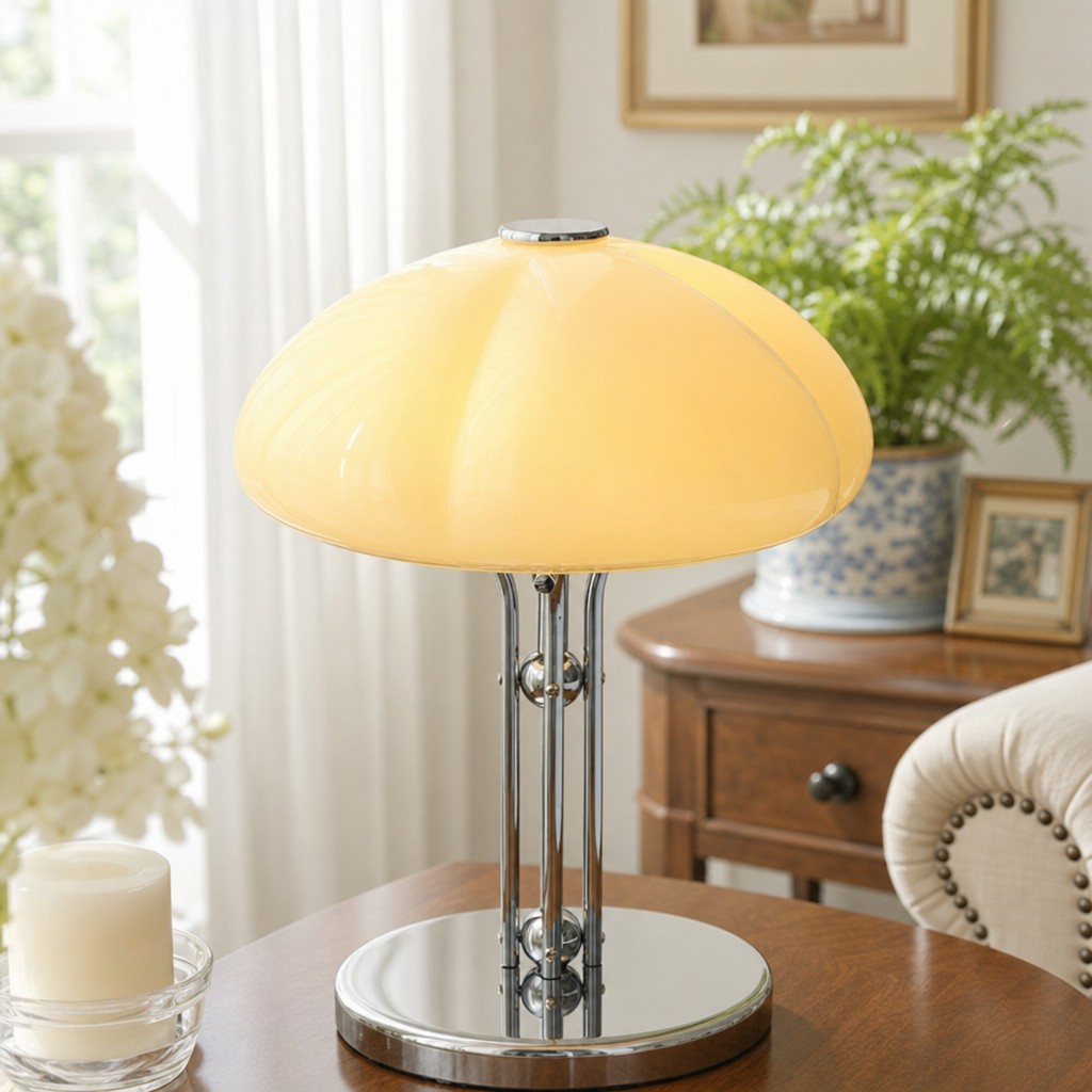 Lit Hector table lamp on a living room side table