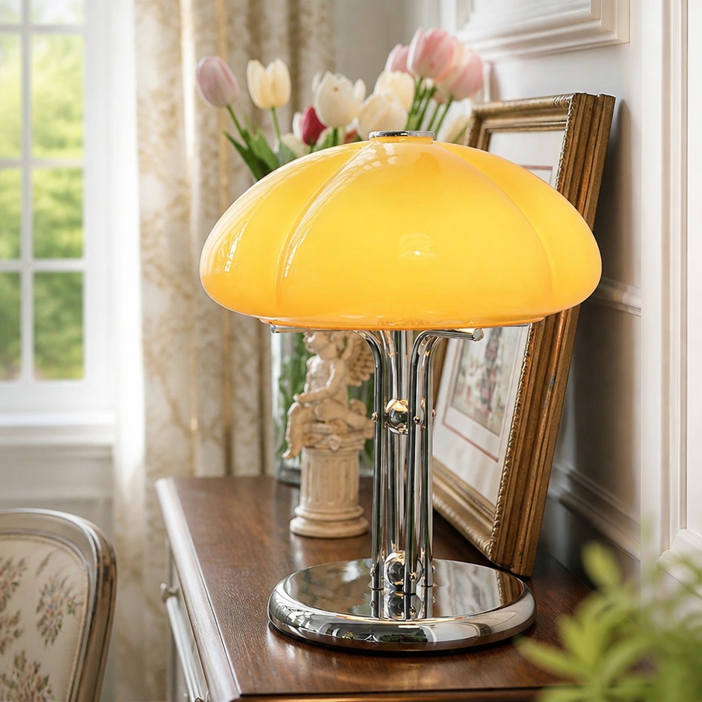 Lit caramel Hector lamp on a wooden tabletop