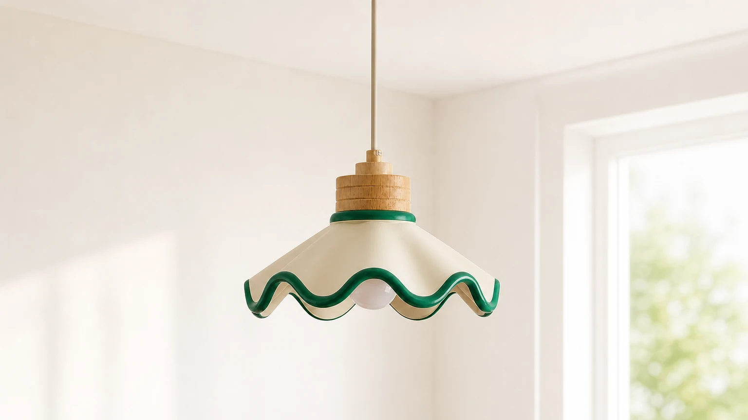 Tilda scalloped resin shade wooden pendant lamp in a warm room scene