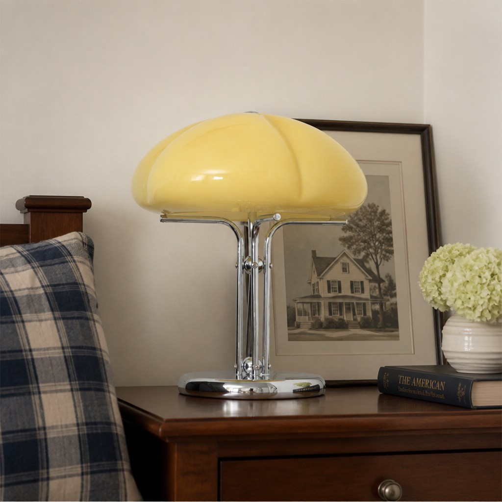 Cream Hector lamp on a dark bedside table