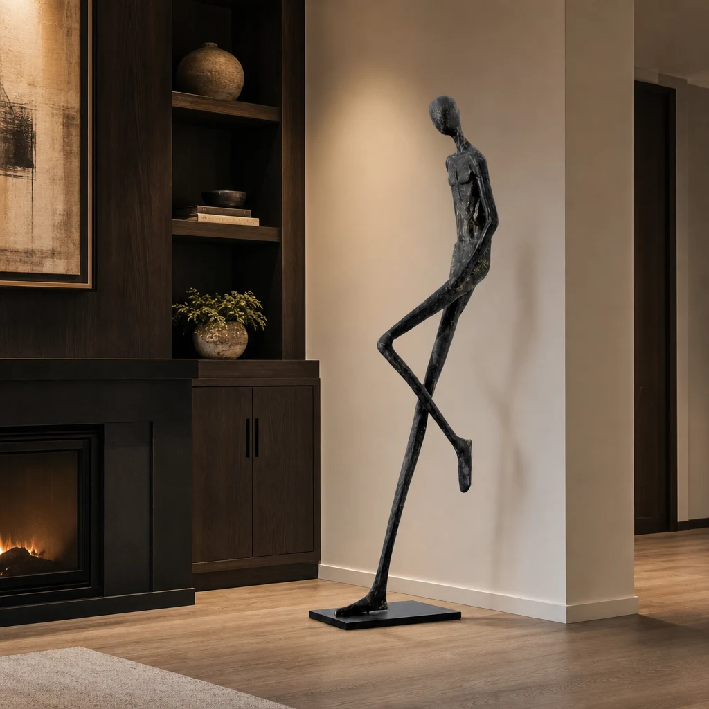Lemvix sculpture displayed beside dark wood built-ins and warm lighting