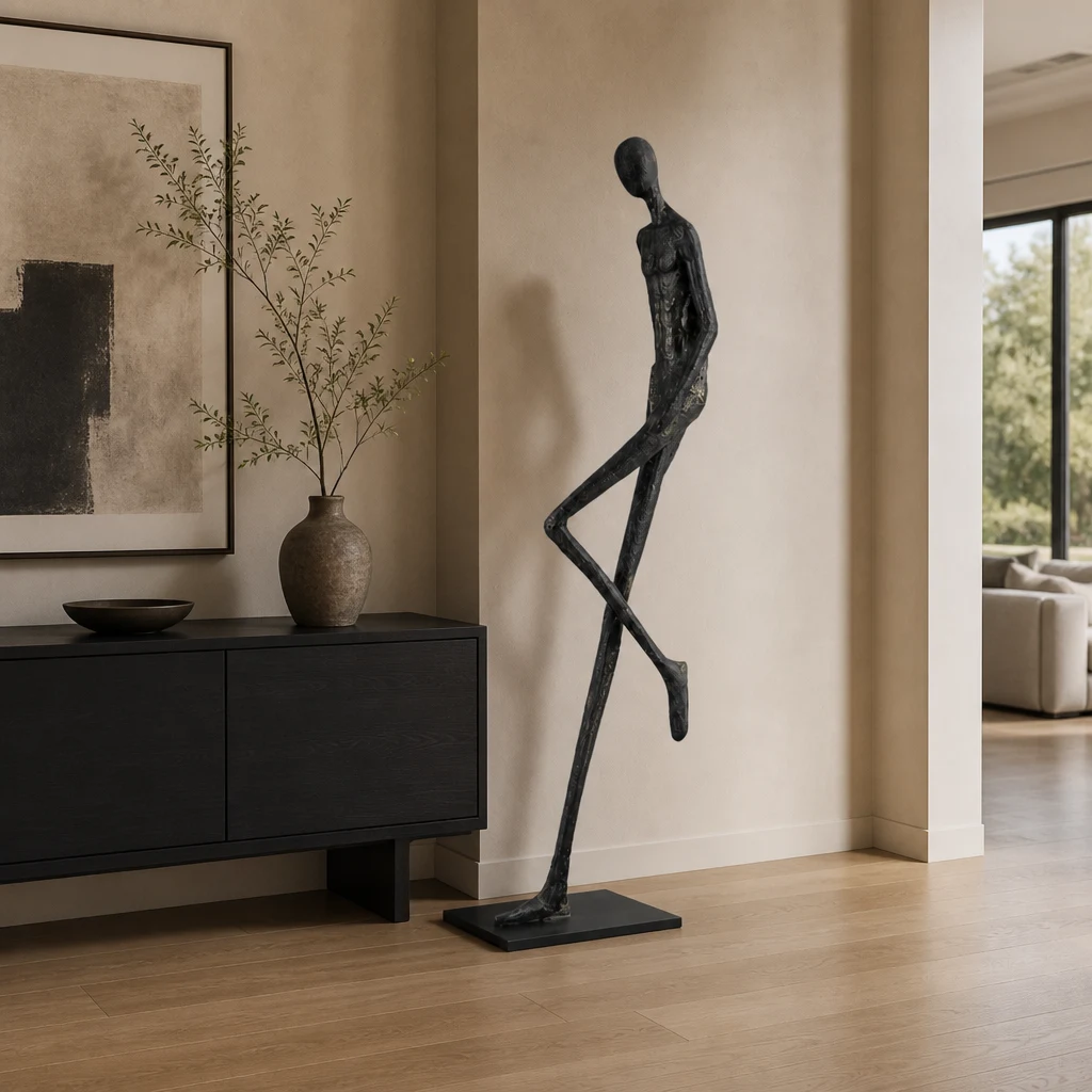 Lemvix black sculptural floor ornament styled beside a console and warm plaster wall