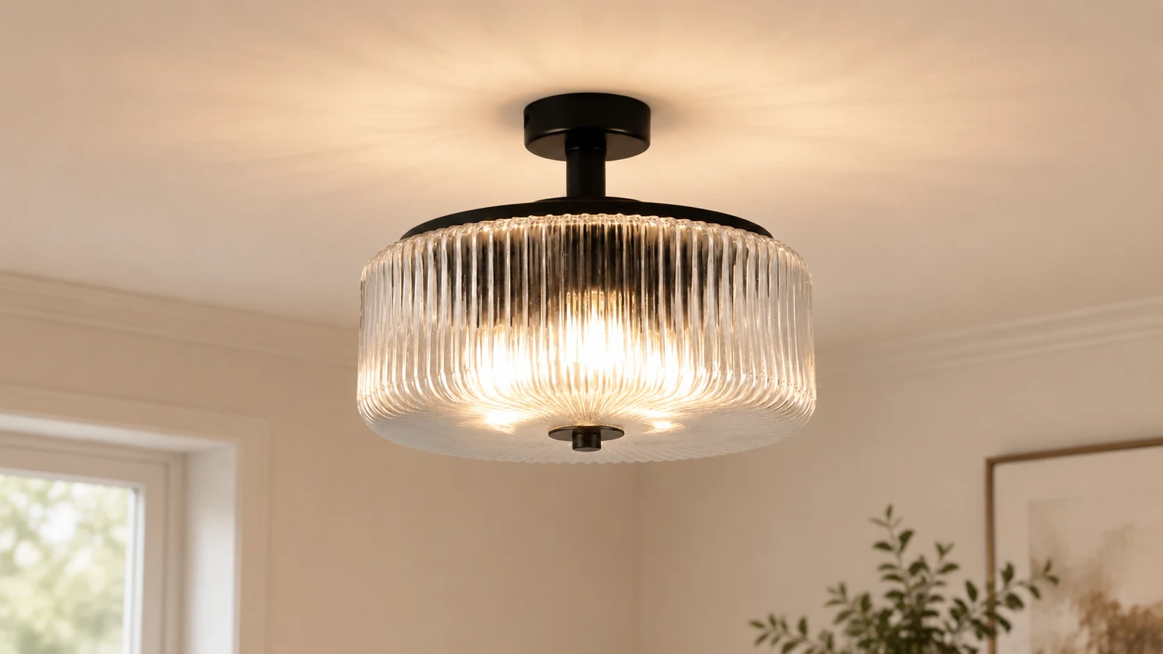 Lampa sufitowa Anderson z prążkowanym szklanym bębnem pokazana w nowoczesnym pokoju