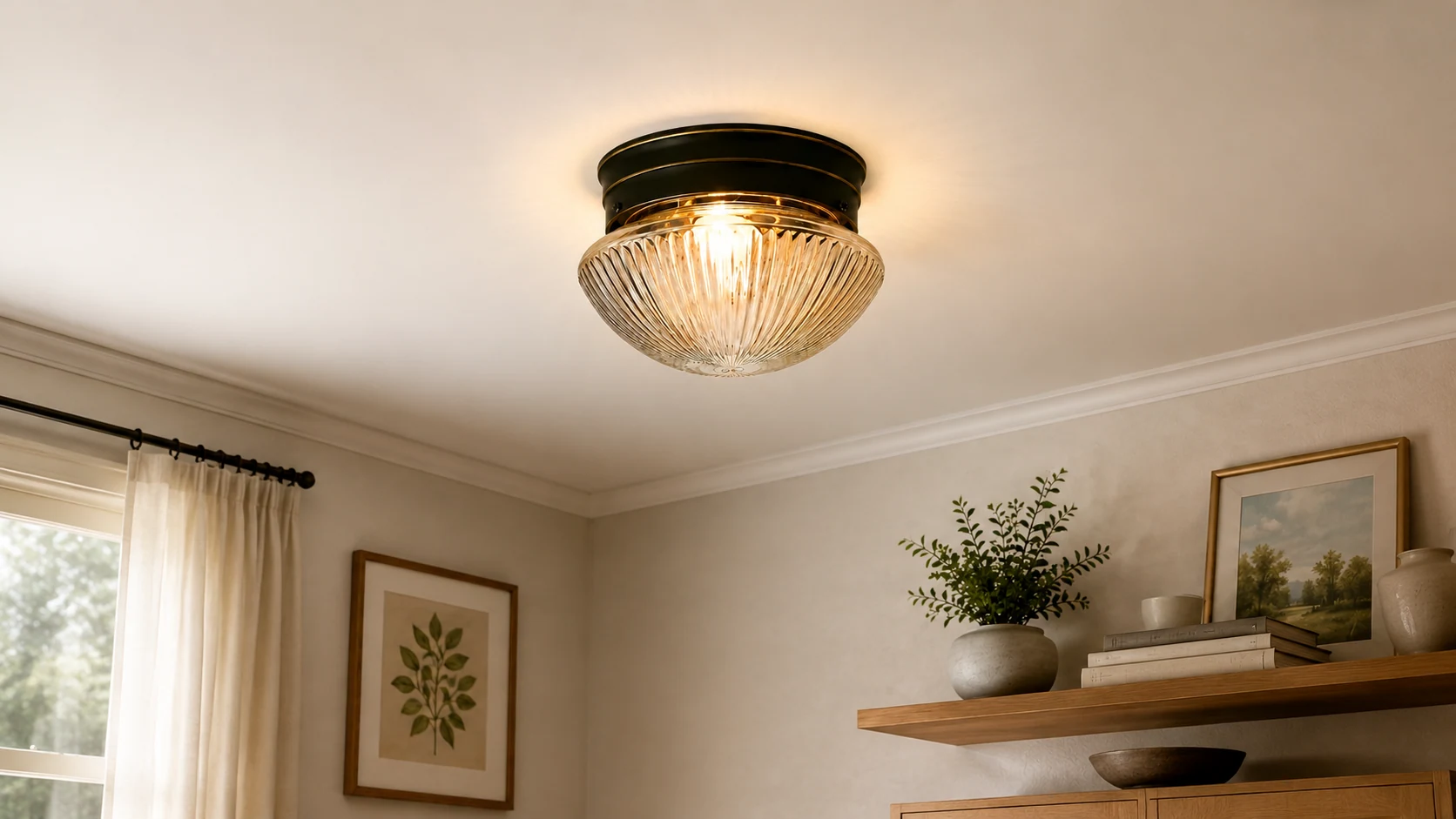 Luz de teto embutida de vidro âmbar com nervuras vintage Madi instalada em uma cena de sala quente