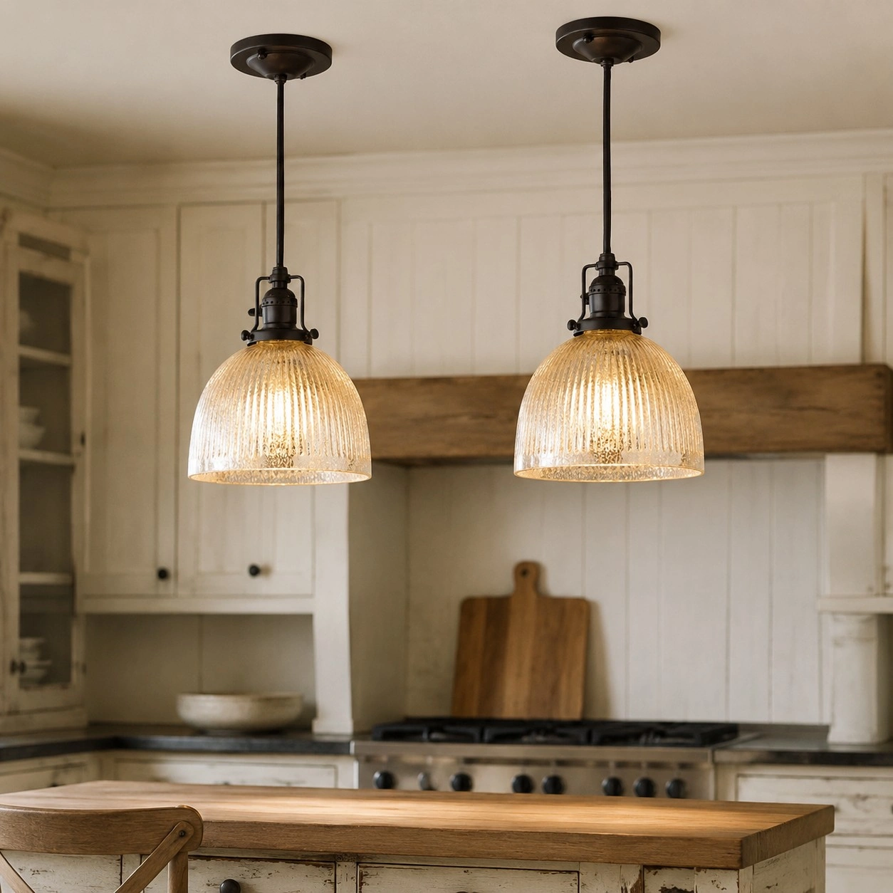 Two Baloch pendants installed over a kitchen island