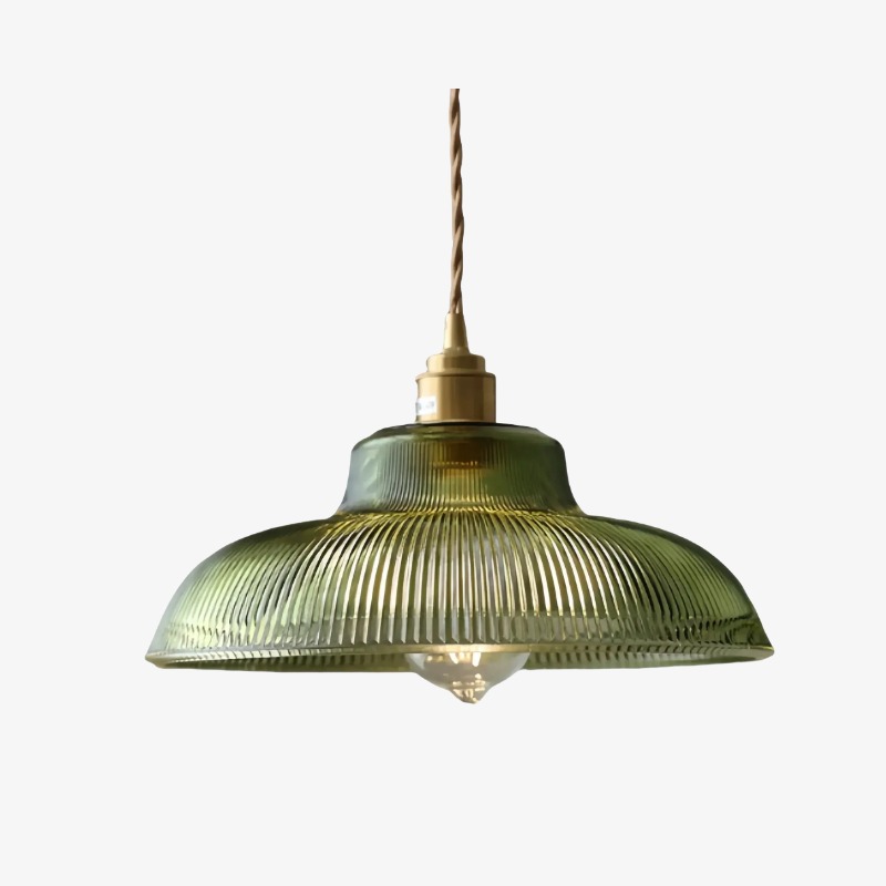 Full Avard green ribbed glass pendant light on white background