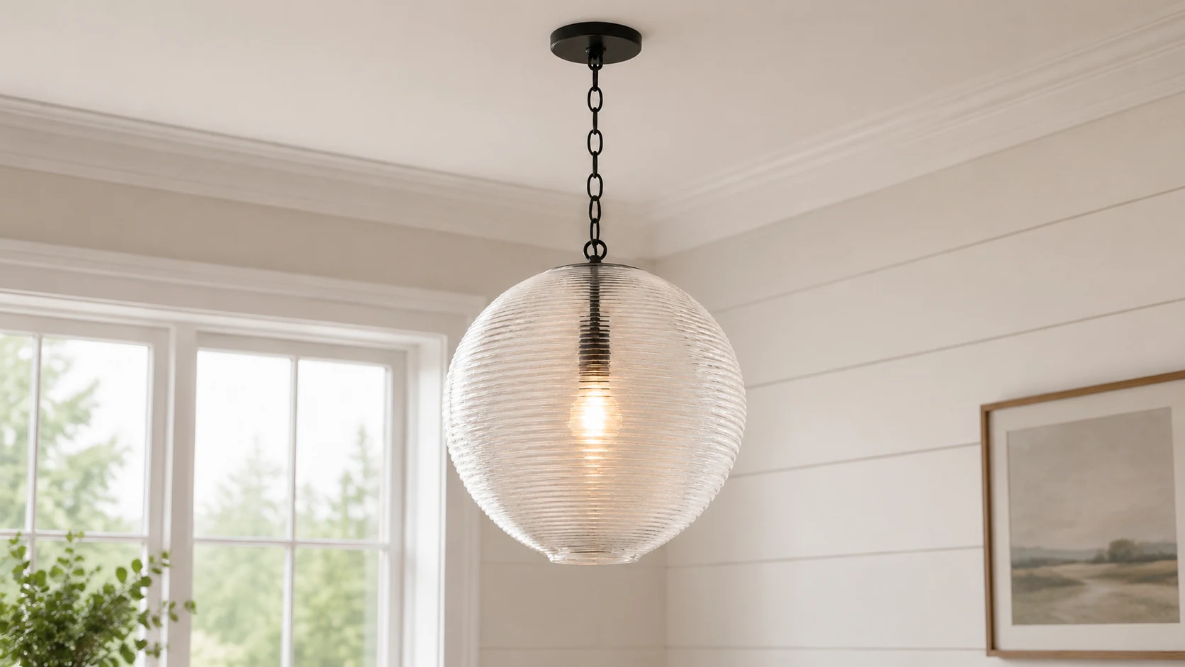 Ricky clear ribbed globe pendant light installed in a warm interior scene