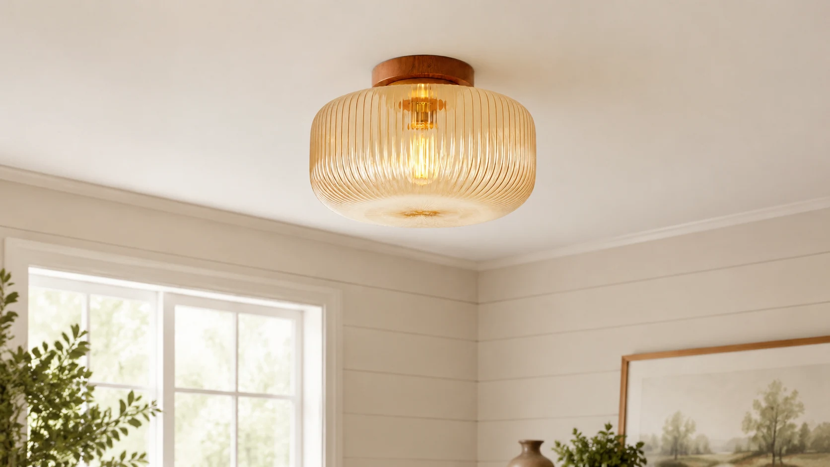 Kelly Vintage Ribbed Glass Ceiling Light installed in a warm interior scene