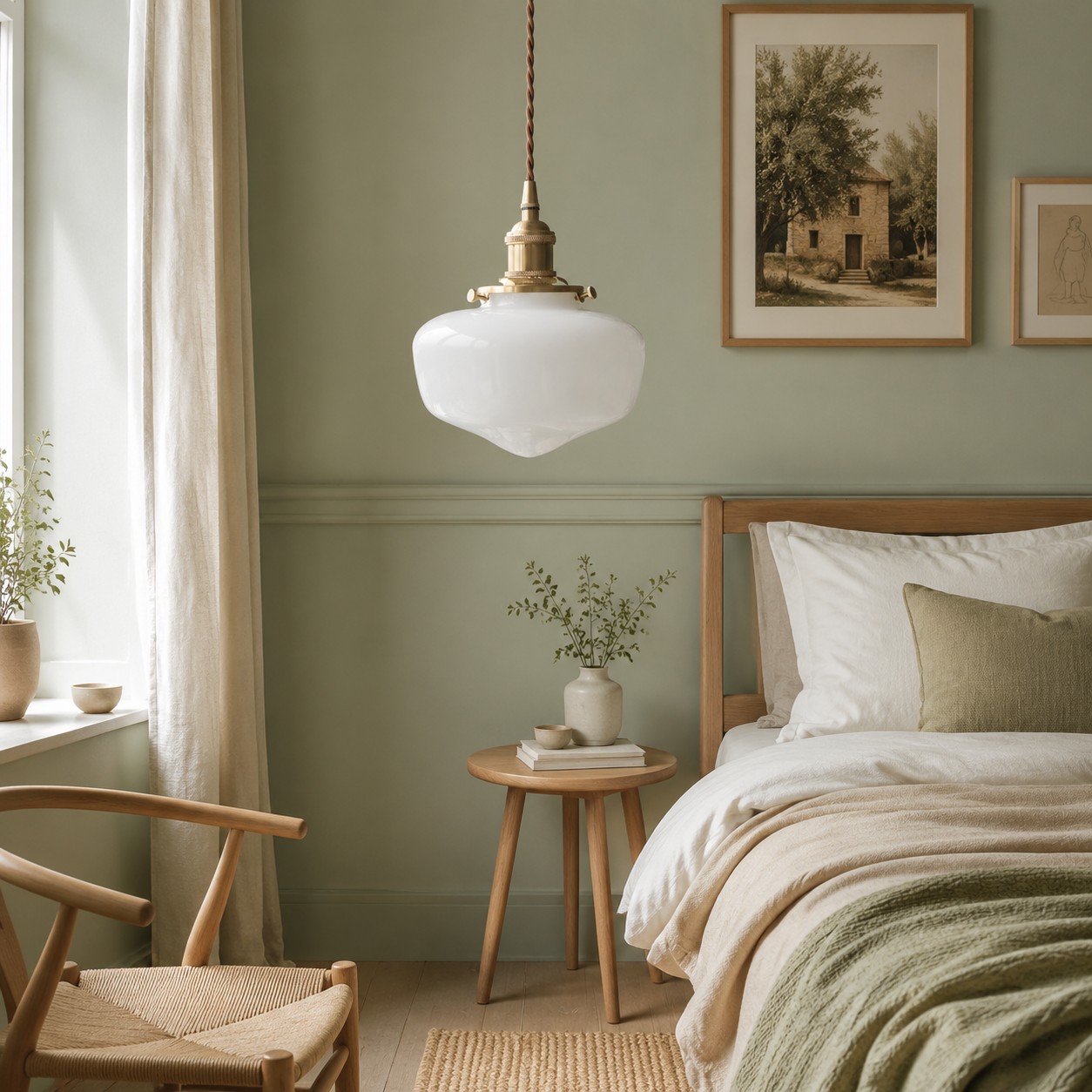 Lampa wisząca zainstalowana w scenie sypialni