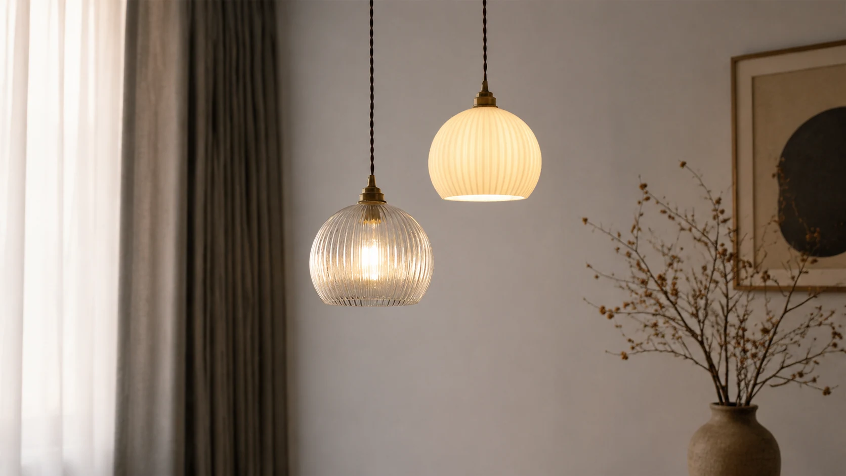 Lampa wisząca z żebrowanego szkła w kolorze miedzi w salonie