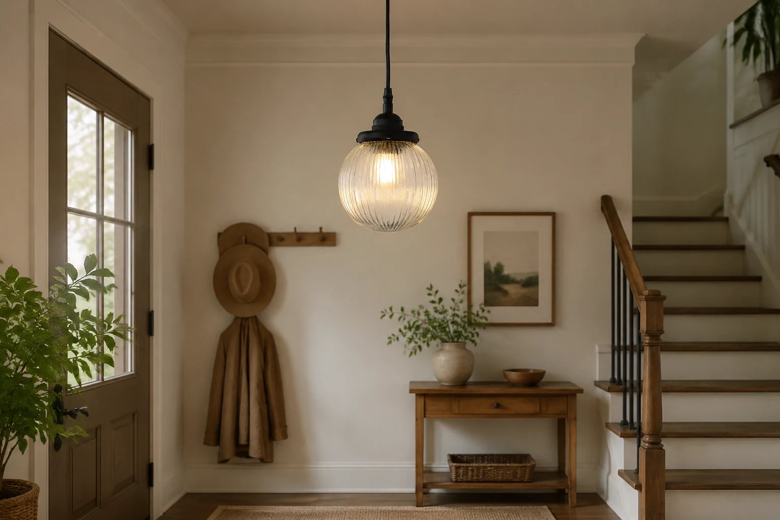 Jamil ribbed glass globe pendant light in a lifestyle interior scene