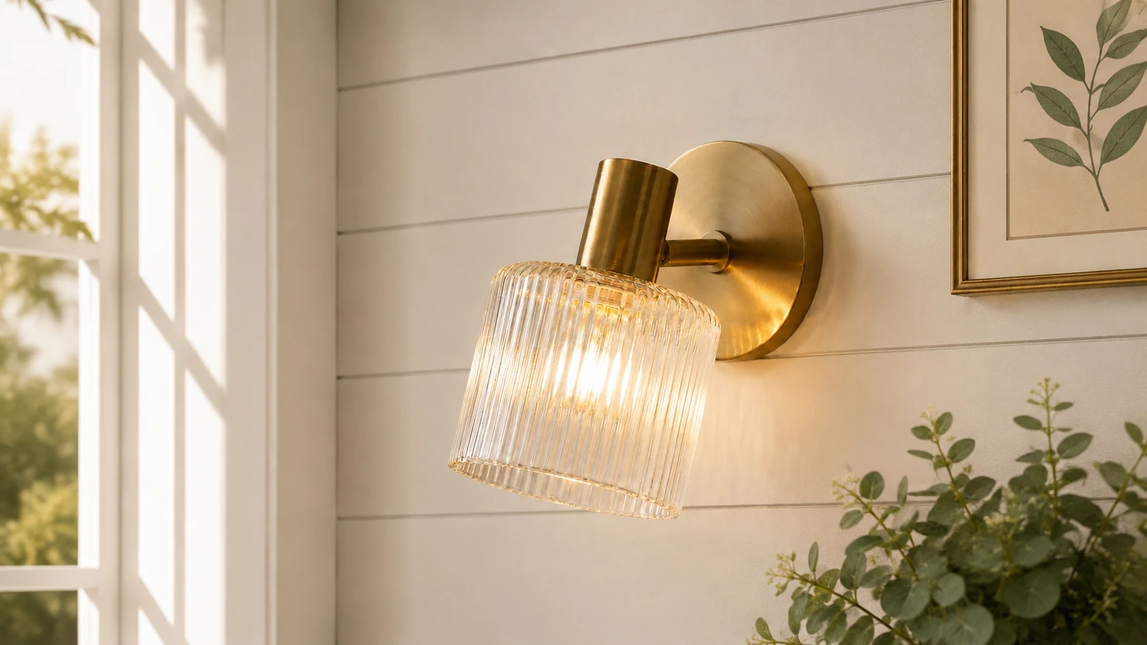Malcolm brass cylinder glass wall sconce installed in a refined room setting