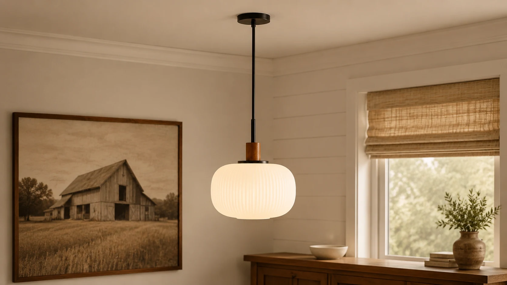 Terry Modern Ribbed Glass Pendant Light in a warm interior setting