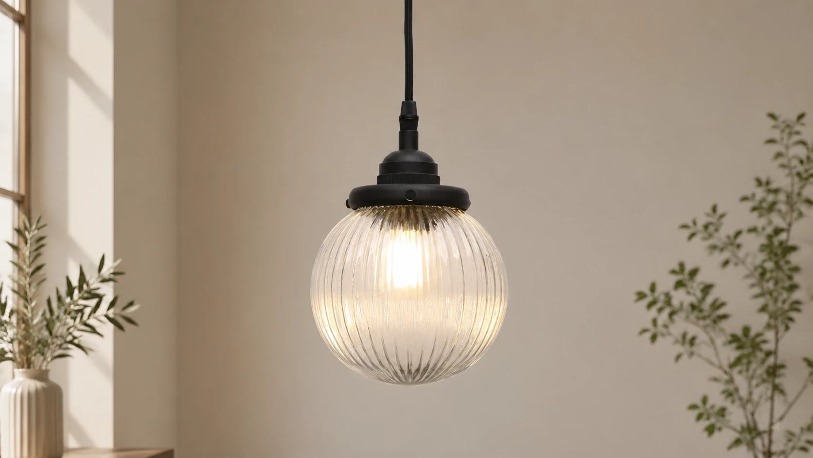 Jamil ribbed glass globe pendant light in an interior scene