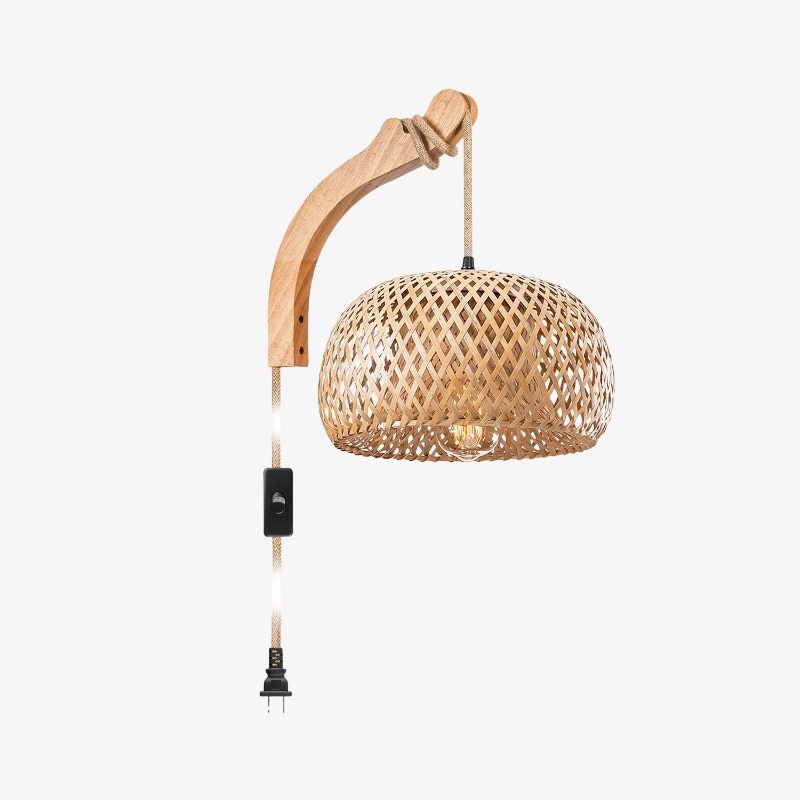 Full view of Jimmy rattan dome plug-in wall sconce with cord and switch