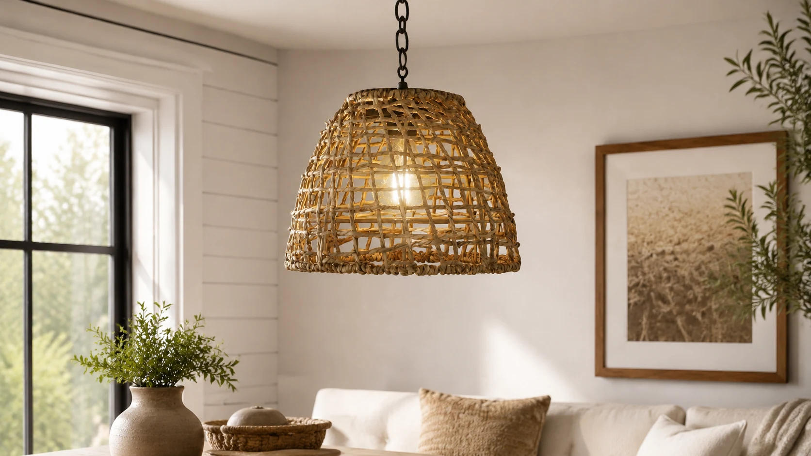 Farhany Modern Rattan Dome Pendant Light in an outdoor-style room scene