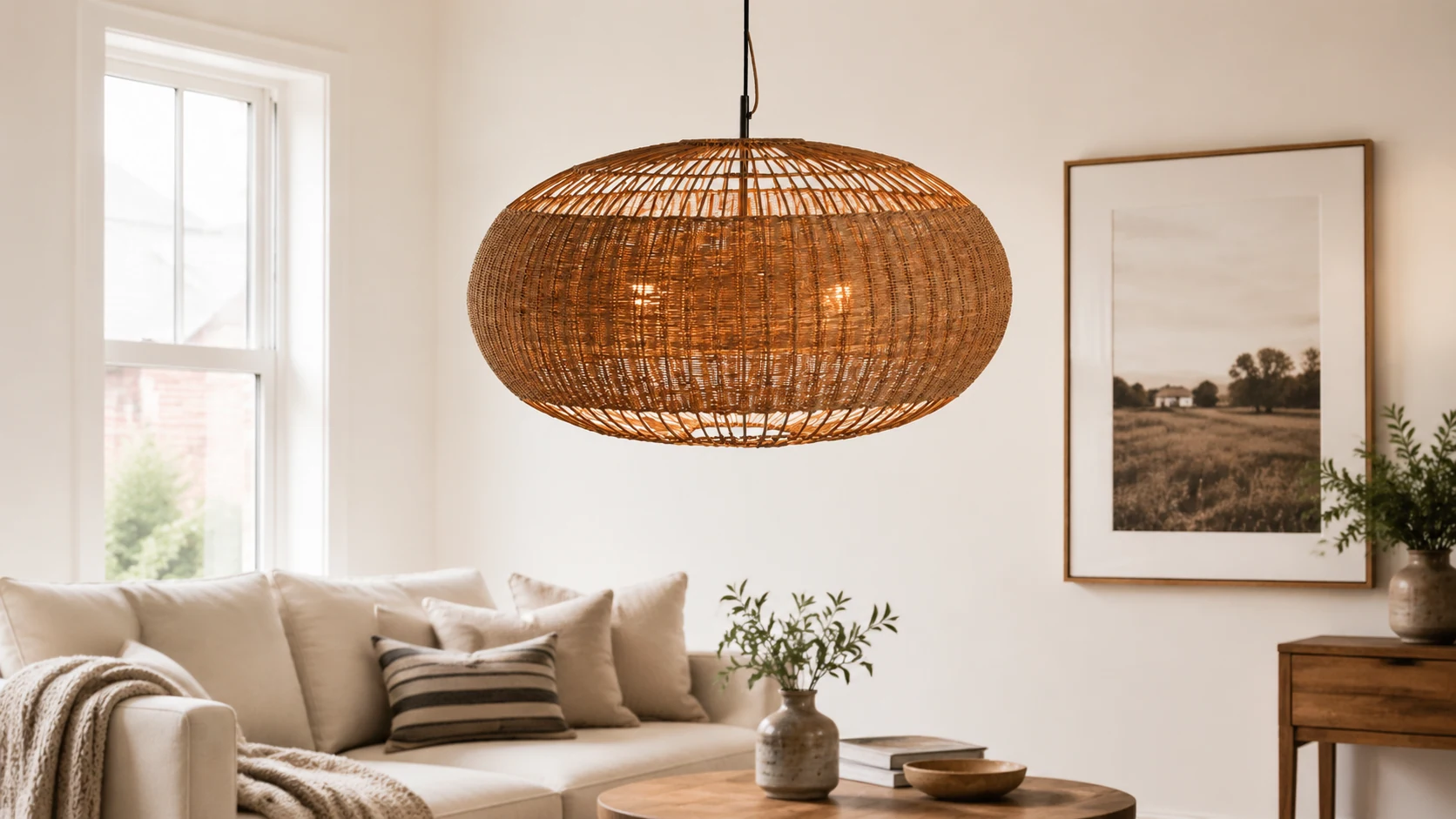 Michal Modern Rattan Oval Pendant Light in a warm room setting